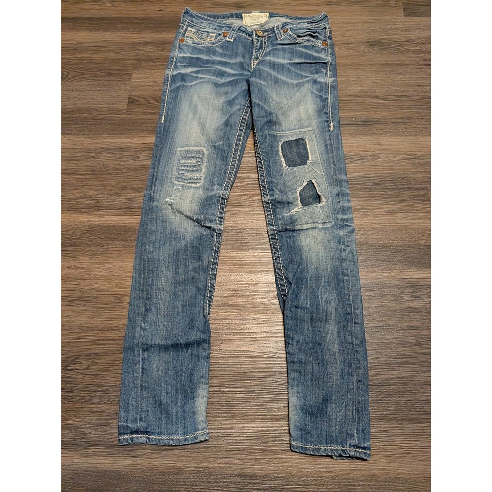 Big Star Nico Low Rise Slim Straight Jeans Womens 28R Medium Wash Distressed Y2K
